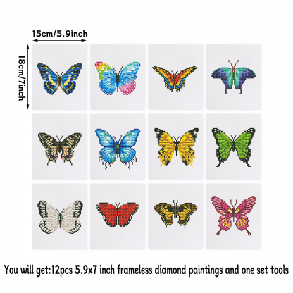 Frameless, mini diamond painting, butterfly creative mini diamond painting on the entrance flower house desktop, creative simple pattern diamond painting, 12pcs, 5.9 X7 inches.