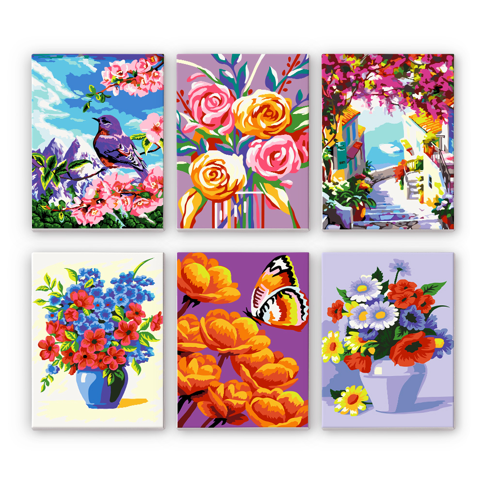6 pieces, flower mini digital painting set, 15x20cm/5.9x7.8 inches, handmade, suitable for family leisure, is the perfect gift for family and friends.