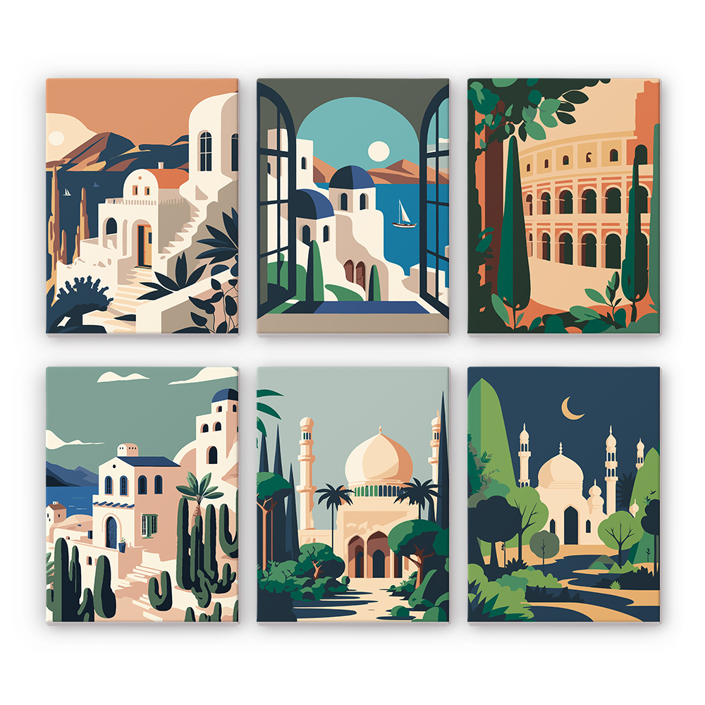 6 pieces, architectural mini digital painting set, 15x20cm/5.9x7.8 inches, handmade, suitable for family leisure, is the perfect gift for family and friends.