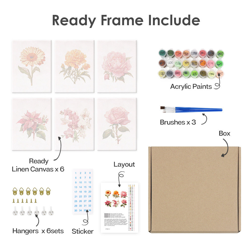 6 pieces, flower mini digital painting set, 15x20cm/5.9x7.8 inches, handmade, suitable for family leisure, is the perfect gift for family and friends.
