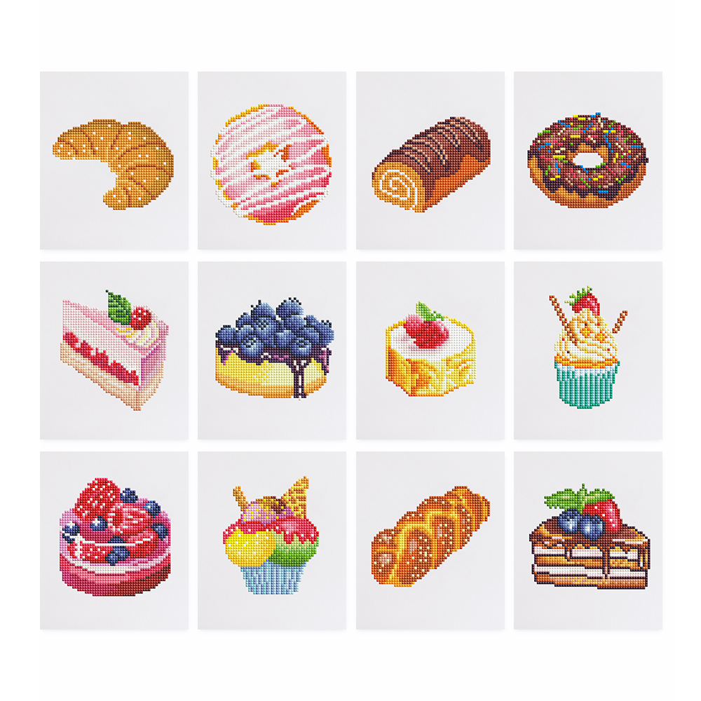 Frameless, mini diamond painting, dessert creative mini diamond painting on the entrance flower house desktop, creative simple pattern diamond painting, 12 pcs, 5.9 X7 inches.