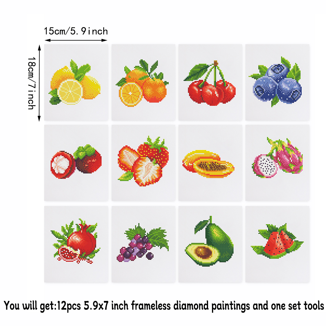 Frameless, mini diamond painting, fruit creative mini diamond painting on the entrance flower house desktop, creative simple pattern diamond painting, 12 pcs, 5.9 X7 inches.