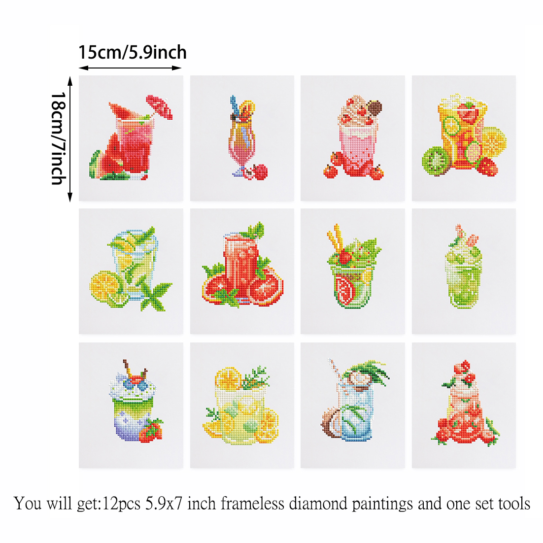 Frameless, mini diamond painting, creative mini diamond painting of drinks on the entrance flower house table, creative simple pattern diamond painting, 12pcs, 5.9 X7 inches.