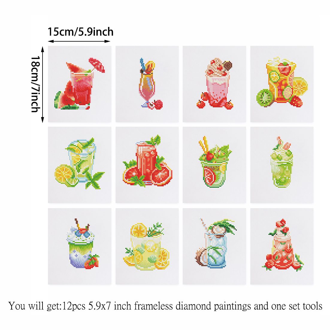 Frameless, mini diamond painting, creative mini diamond painting of drinks on the entrance flower house table, creative simple pattern diamond painting, 12pcs, 5.9 X7 inches.