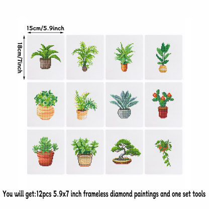 Frameless, mini diamond painting, creative mini diamond painting of green plants on the entrance flower house desktop, creative simple pattern diamond painting, 12 pcs, 5.9 X7 inches.