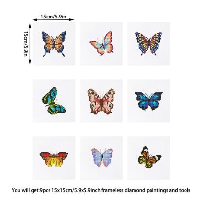 Frameless, mini diamond painting, butterfly creative mini diamond painting on the entrance flower house desktop, creative simple pattern diamond painting, 9 pcs, 5.9 X5.9 inches.