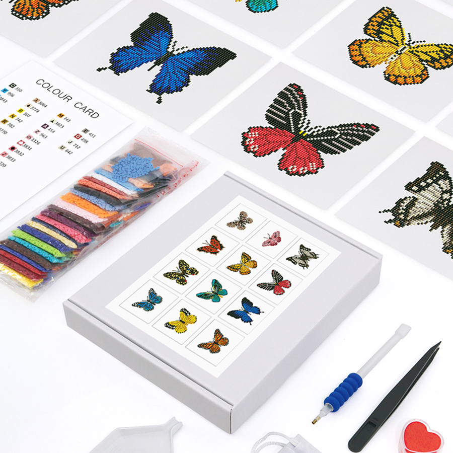 Frameless, mini diamond painting, butterfly creative mini diamond painting on the entrance flower house desktop, creative simple pattern diamond painting, 12pcs, 7 X5.9 inches.
