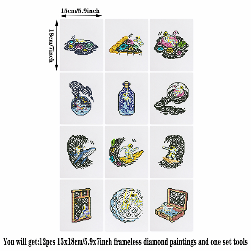Frameless, mini diamond painting, space creative mini diamond painting on the entrance flower house desktop, creative simple pattern diamond painting, 12 pcs, 5.9 X7 inches.