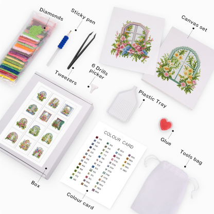 Frameless, mini diamond painting, creative mini diamond painting of window decorations on the entrance flower house desktop, creative simple pattern diamond painting, 12 pcs, 5.9 X7 inches.