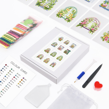 Frameless, mini diamond painting, creative mini diamond painting of window decorations on the entrance flower house desktop, creative simple pattern diamond painting, 12 pcs, 5.9 X7 inches.