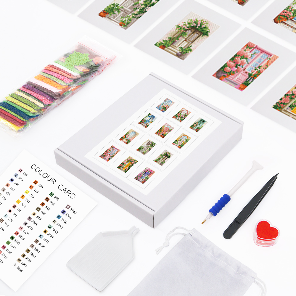 Frameless, mini diamond painting, creative mini diamond painting on the entrance flower house desktop, creative simple pattern diamond painting, 12 pcs, 5.9 X7 inches.