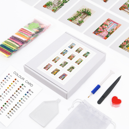 Frameless, mini diamond painting, creative mini diamond painting on the entrance flower house desktop, creative simple pattern diamond painting, 12 pcs, 5.9 X7 inches.