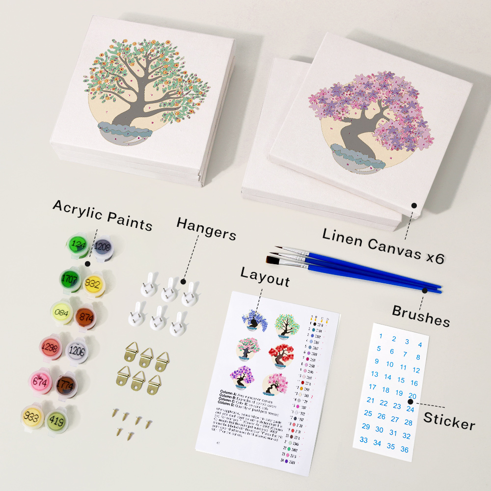 6 pieces, decorative tree desktop accessories digital mini painting set, 15x15cm/5.9x5.9 inches, handmade for family leisure, perfect gift for friends and family.