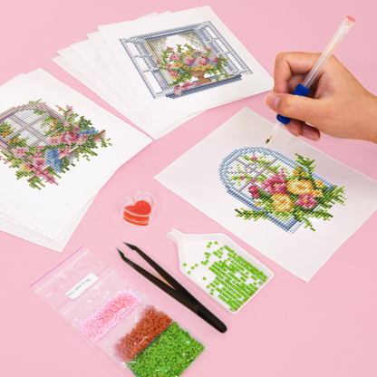 Frameless, mini diamond painting, creative mini diamond painting of window decorations on the entrance flower house desktop, creative simple pattern diamond painting, 12 pcs, 5.9 X7 inches.