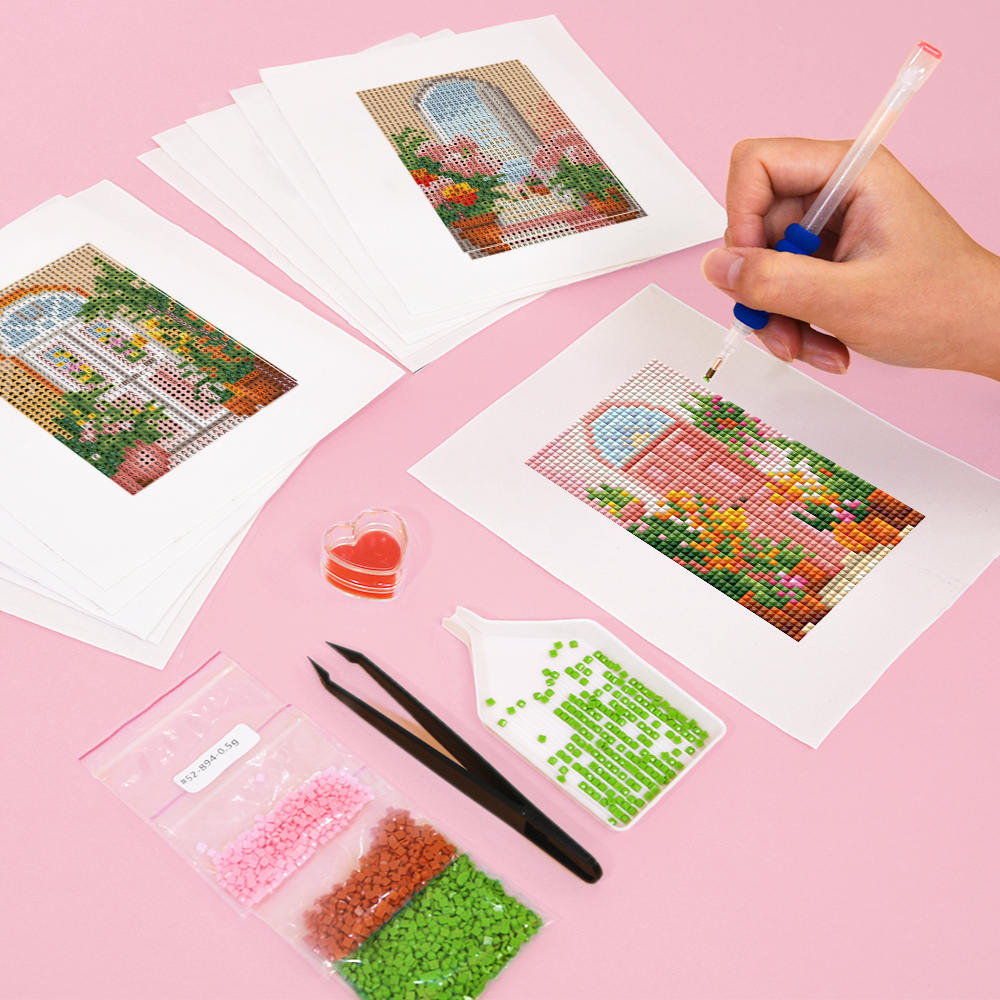 Frameless, mini diamond painting, creative mini diamond painting on the entrance flower house desktop, creative simple pattern diamond painting, 12 pcs, 5.9 X7 inches.