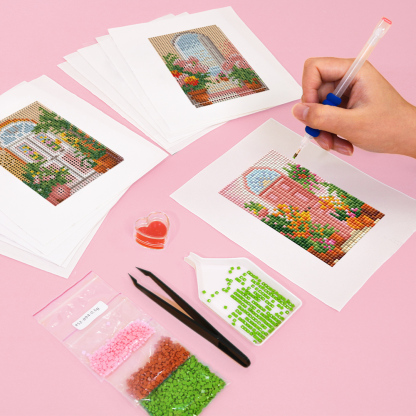 Frameless, mini diamond painting, creative mini diamond painting on the entrance flower house desktop, creative simple pattern diamond painting, 12 pcs, 5.9 X7 inches.