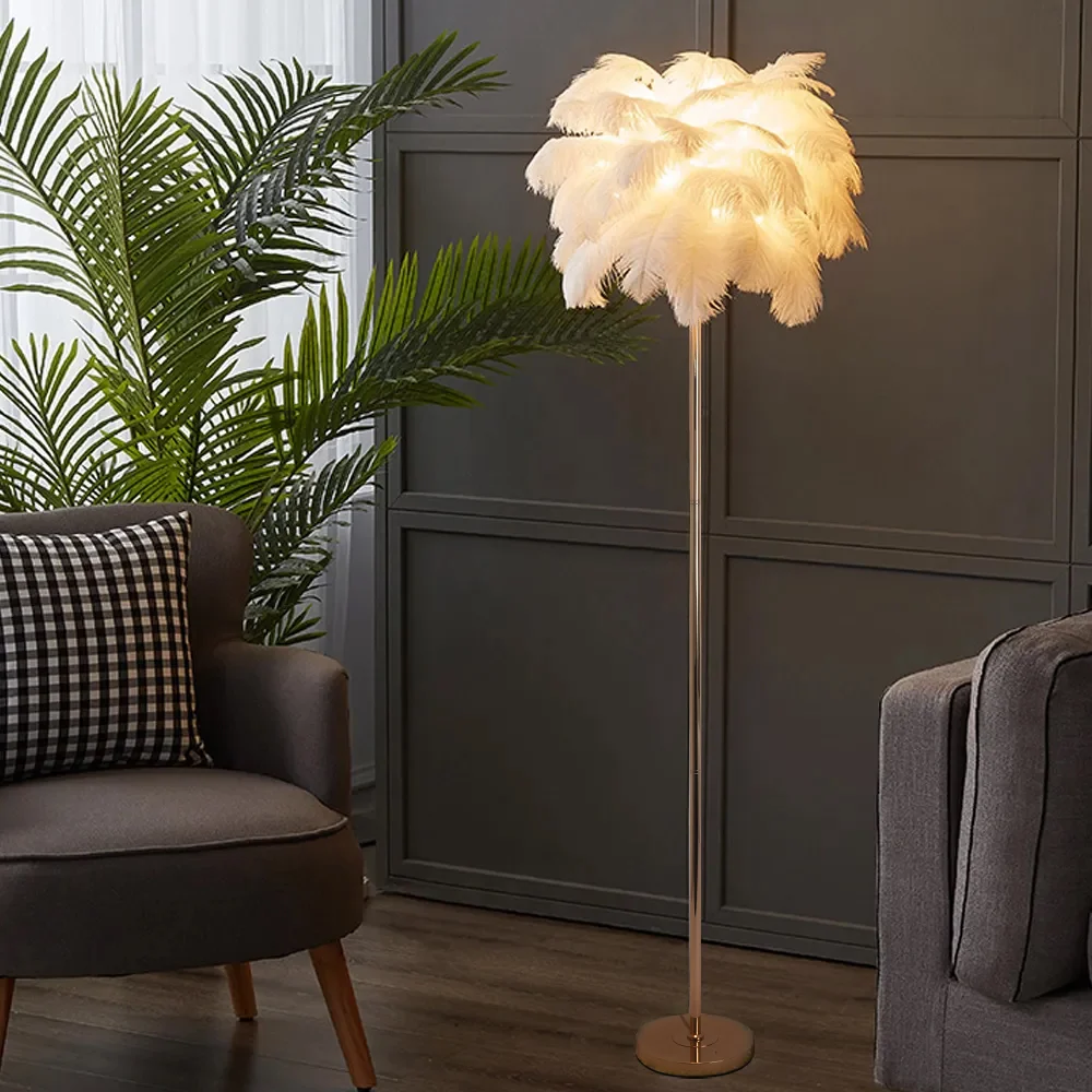 Loftus Art Deco Floor Lamp with White Feather Shade Rose Gold Finish