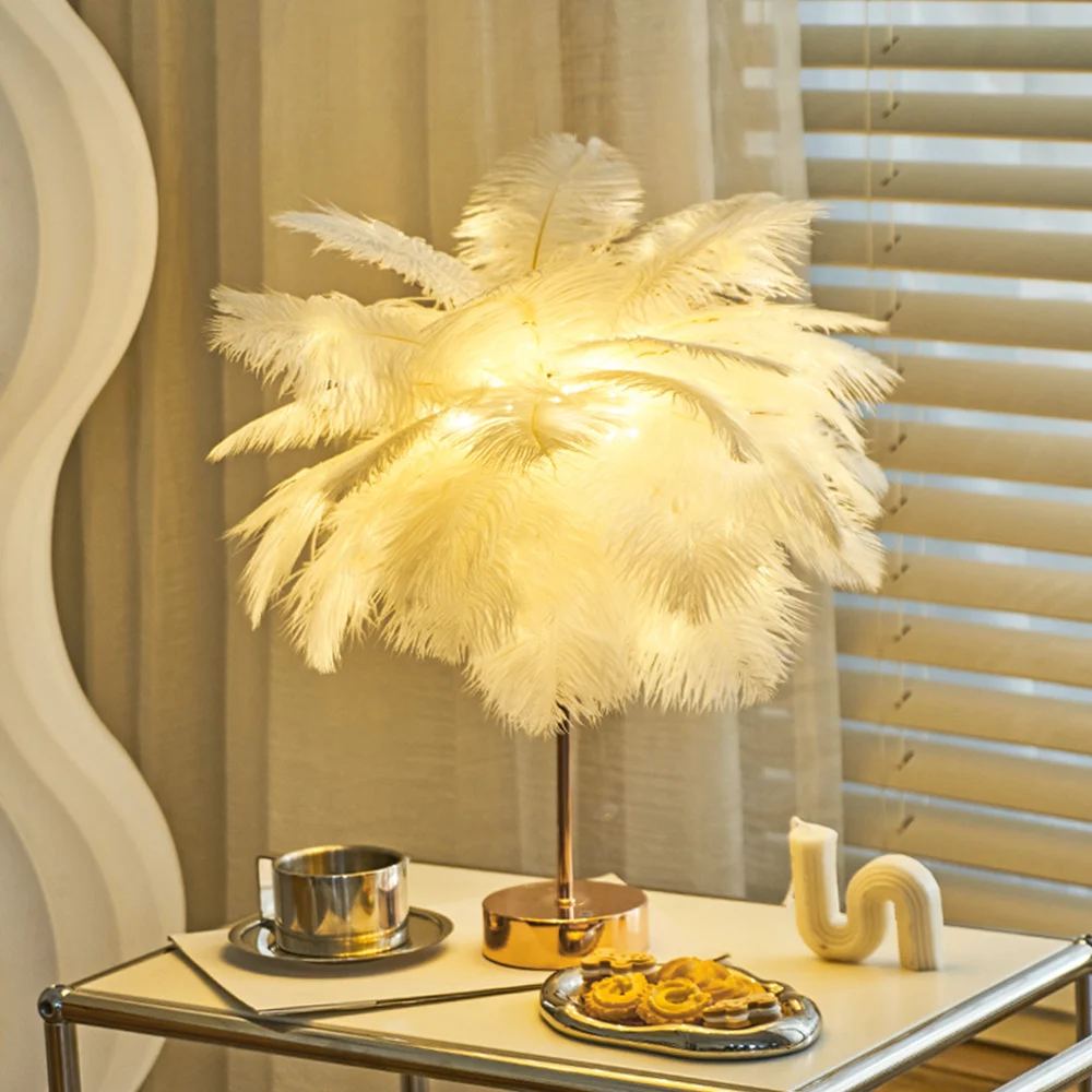  Loftus Art Deco Gold Portable Table Lamp with White Feather USB Charging & Dimmable