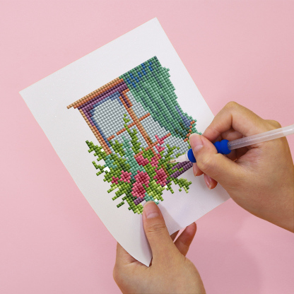 Frameless, mini diamond painting, creative mini diamond painting of window decorations on the entrance flower house desktop, creative simple pattern diamond painting, 12 pcs, 5.9 X7 inches.