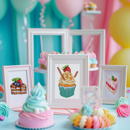 Frameless, mini diamond painting, dessert creative mini diamond painting on the entrance flower house desktop, creative simple pattern diamond painting, 12 pcs, 5.9 X7 inches.