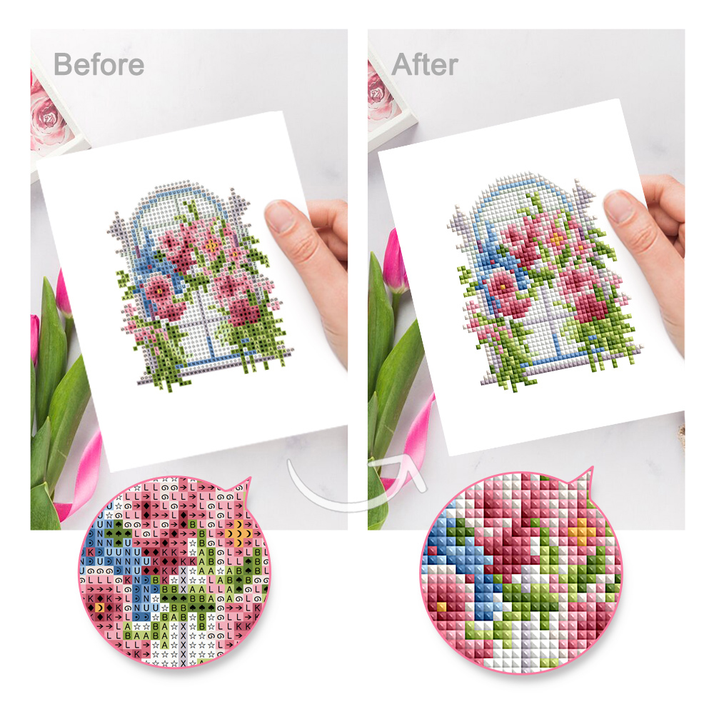 Frameless, mini diamond painting, creative mini diamond painting of window decorations on the entrance flower house desktop, creative simple pattern diamond painting, 12 pcs, 5.9 X7 inches.