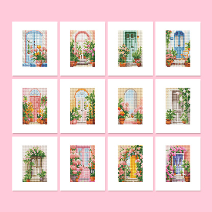 Frameless, mini diamond painting, creative mini diamond painting on the entrance flower house desktop, creative simple pattern diamond painting, 12 pcs, 5.9 X7 inches.