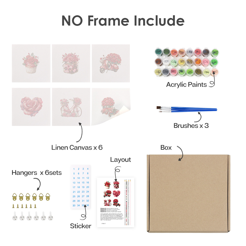 6 pieces, beautiful flower accessory digital mini painting set, 15x15cm/5.9x5.9 inches, handmade for home leisure, perfect gift for family and friends.