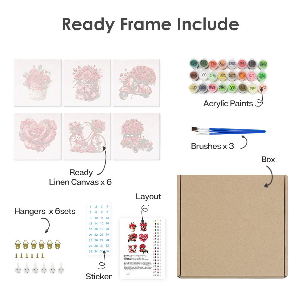 6 pieces, beautiful flower accessory digital mini painting set, 15x15cm/5.9x5.9 inches, handmade for home leisure, perfect gift for family and friends.