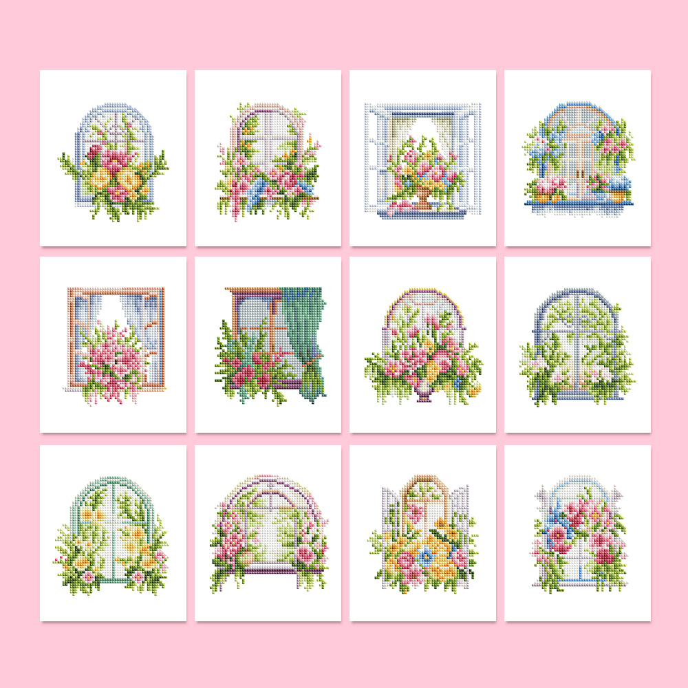 Frameless, mini diamond painting, creative mini diamond painting of window decorations on the entrance flower house desktop, creative simple pattern diamond painting, 12 pcs, 5.9 X7 inches.