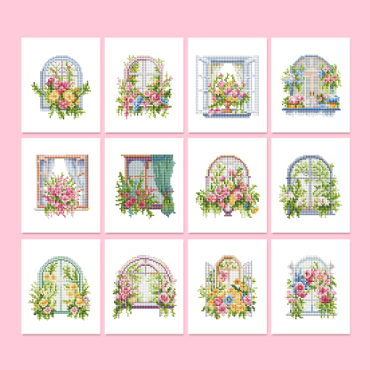 Frameless, mini diamond painting, creative mini diamond painting of window decorations on the entrance flower house desktop, creative simple pattern diamond painting, 12 pcs, 5.9 X7 inches.