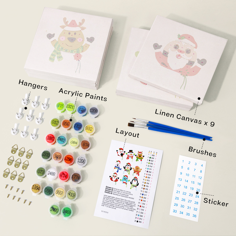 9 pieces, Christmas desktop accessories digital mini painting set, 15x15cm/5.9x5.9 inches, handmade for family leisure, perfect gift for friends and family.