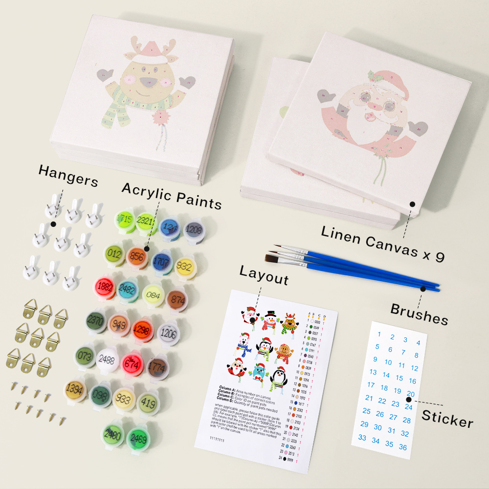 9 pieces, Christmas desktop accessories digital mini painting set, 15x15cm/5.9x5.9 inches, handmade for family leisure, perfect gift for friends and family.