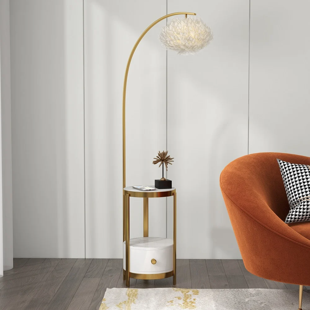 White End Table Feather Overarching Floor Lamp with Wireless Charging & USB Port