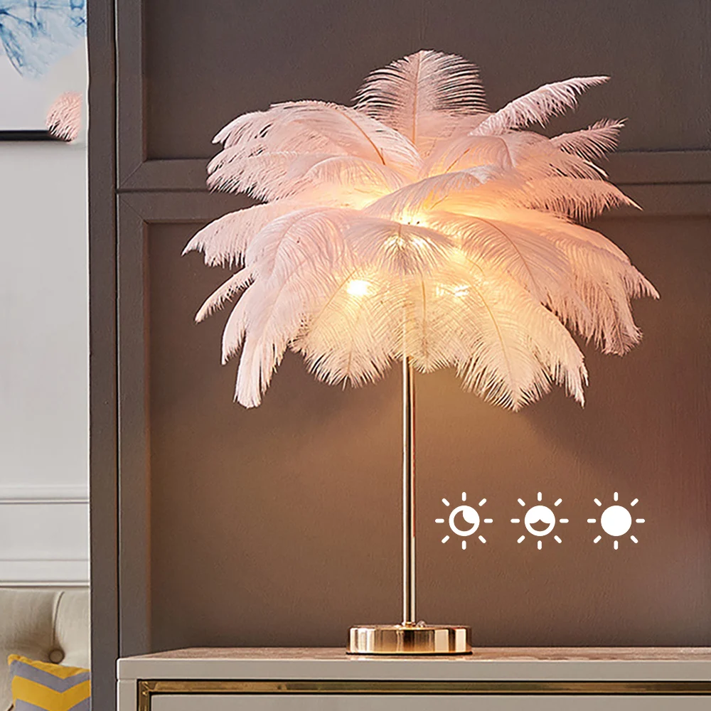 Loftus Art Deco Dimmable Table Lamp Gold Portable Lamp with Pink Feather & USB Charging