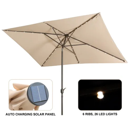 10Ft Outdoor Rectangular Umbrella with 26 Solar-Powered LED Lights, Crank and Tilt (Without Base)