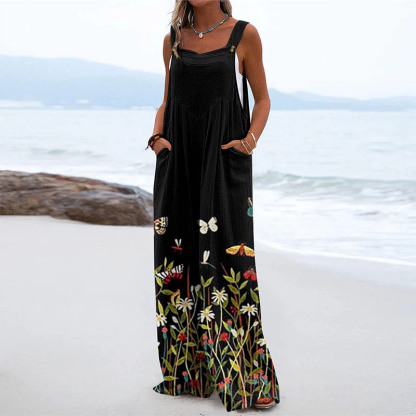 Retro Casual Holiday Butterfly Floral Print Wide Leg Jumpsuit