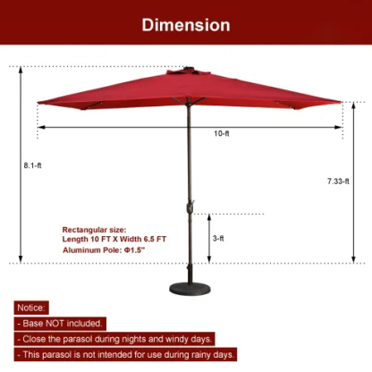 10Ft Outdoor Rectangular Umbrella with 26 Solar-Powered LED Lights, Crank and Tilt (Without Base)