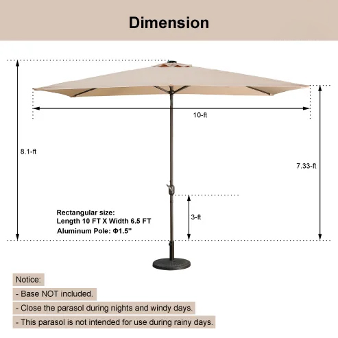 10Ft Outdoor Rectangular Umbrella with 26 Solar-Powered LED Lights, Crank and Tilt (Without Base)