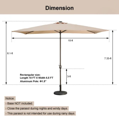 10Ft Outdoor Rectangular Umbrella with 26 Solar-Powered LED Lights, Crank and Tilt (Without Base)