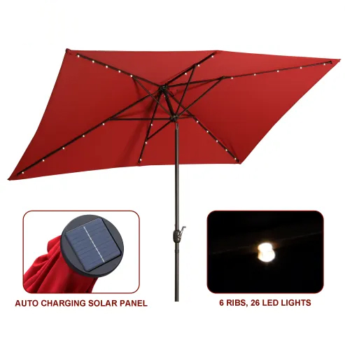 10Ft Outdoor Rectangular Umbrella with 26 Solar-Powered LED Lights, Crank and Tilt (Without Base)