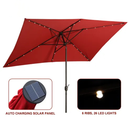 10Ft Outdoor Rectangular Umbrella with 26 Solar-Powered LED Lights, Crank and Tilt (Without Base)