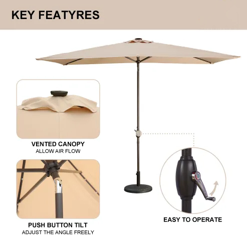10Ft Outdoor Rectangular Umbrella with 26 Solar-Powered LED Lights, Crank and Tilt (Without Base)