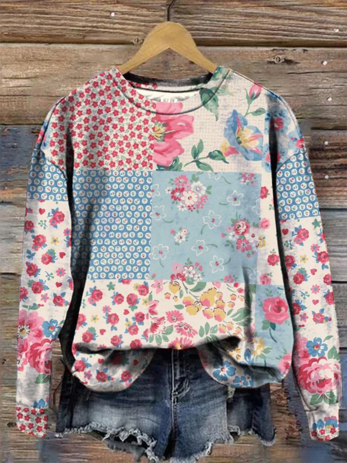 Retro Contrast Floral Bohemian Crew Neck Sweatshirt