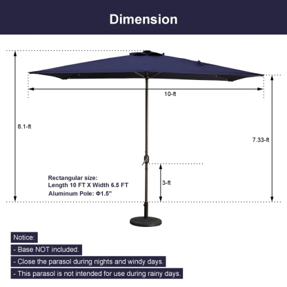 10Ft Outdoor Rectangular Umbrella with 26 Solar-Powered LED Lights, Crank and Tilt (Without Base)