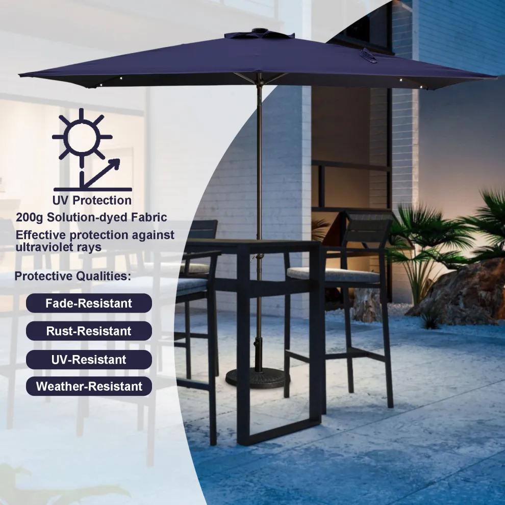 10Ft Outdoor Rectangular Umbrella with 26 Solar-Powered LED Lights, Crank and Tilt (Without Base)