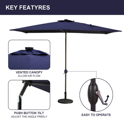 10Ft Outdoor Rectangular Umbrella with 26 Solar-Powered LED Lights, Crank and Tilt (Without Base)
