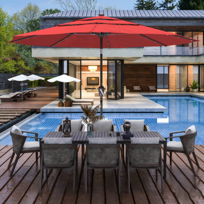 11 FT 3-Layer Aluminum Market Solar Tilt Patio Umbrella with 32-LED Light (without Base)