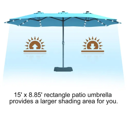15ft Patio Steel Rectangular Double-Sided Market Umbrella With Base, Classic Design or Solar LED Lights Options,UV Sun Protection & Easy Crank for Deck Pool Patio.