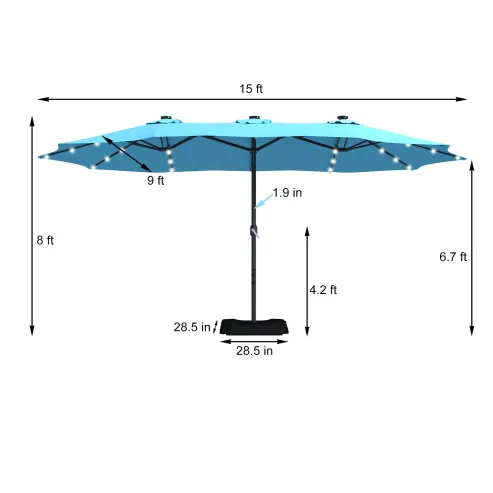 15ft Patio Steel Rectangular Double-Sided Market Umbrella With Base, Classic Design or Solar LED Lights Options,UV Sun Protection & Easy Crank for Deck Pool Patio.
