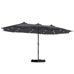 15ft Patio Steel Rectangular Double-Sided Market Umbrella With Base, Classic Design or Solar LED Lights Options,UV Sun Protection & Easy Crank for Deck Pool Patio.